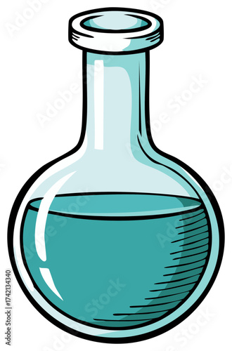 Round bottom laboratory flask with blue liquid and white stopper
