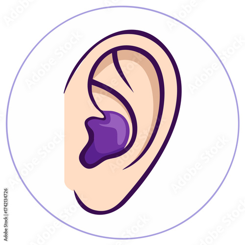 Ear with purple earplug in round frame showcasing hearing protection or noise reduction in a vector illustration