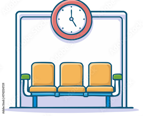 Empty waiting room seats under a large clock in a bus or train station terminal