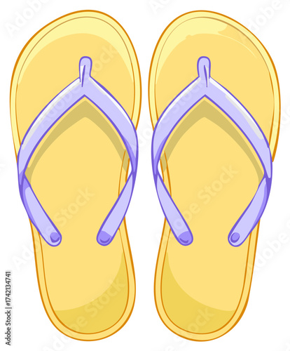 Pair of Yellow Flip Flops with Purple Straps Evokes Summer Vacation Comfort and Beachside Relaxation Under the Warm Sun