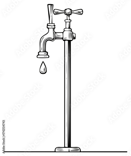 Vintage-style Faucet Illustration with Dripping Water Drop in Black and White