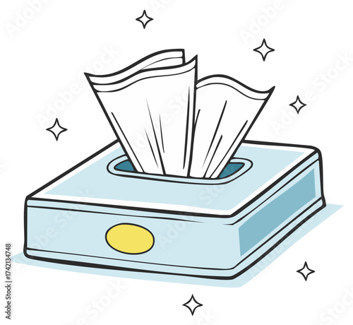 Sanitary Wipes in a Blue Box with Yellow Oval Decoration for Cleaning and Hygiene Related Projects