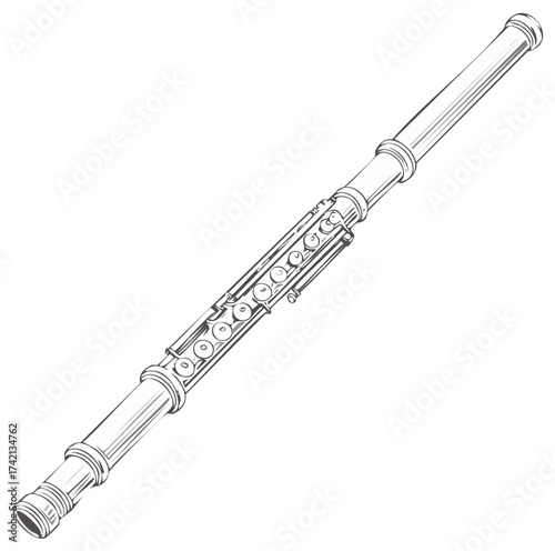 Line art illustration of a flute musical instrument, woodwind instrument isolated