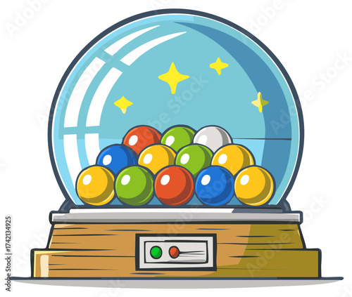 Retro gumball machine filled with colorful candy balls and stars inside a glass globe.