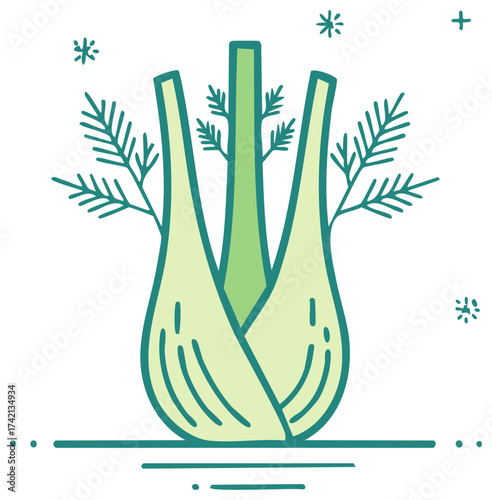 Stylized illustration of fresh fennel with delicate green fronds and stem, minimalist design.