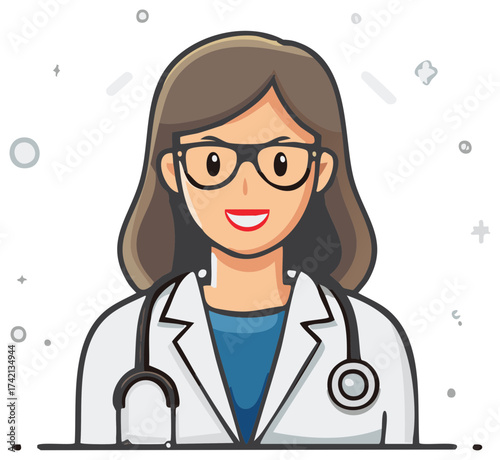 Female doctor illustration, smiling, wearing glasses and stethoscope