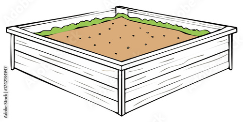 Raised garden bed illustration with fresh soil and planted seeds, ready for home gardening and growing plants
