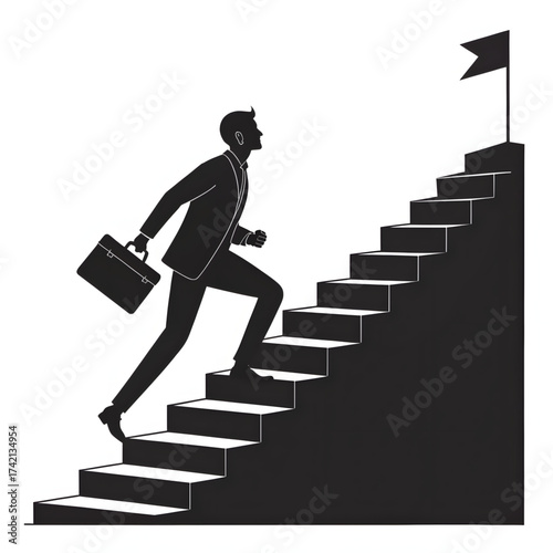 Achieving heights: A determined professional ascends a staircase towards a fluttering flag, a symbol of ambitions and accomplishment