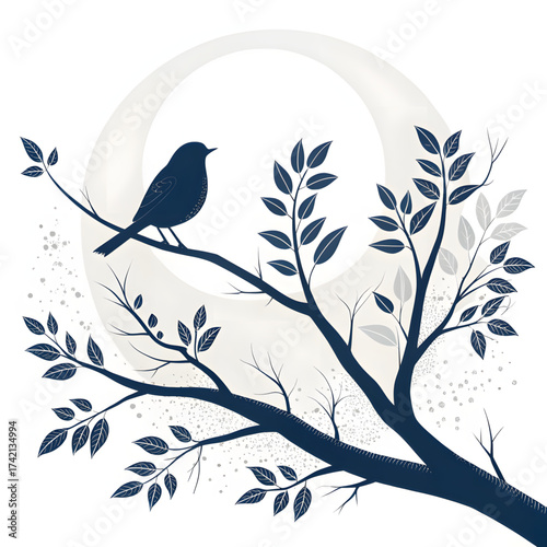 Serene Bird Silhouette in Branch: A solitary bird, a symbol of peace, finds its perch on a silhouetted branch. framed against the moon, evokes a sense of tranquility and wonder.