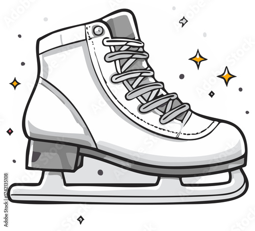 Hand drawn doodle illustration of a classic white figure skate with sparkling details