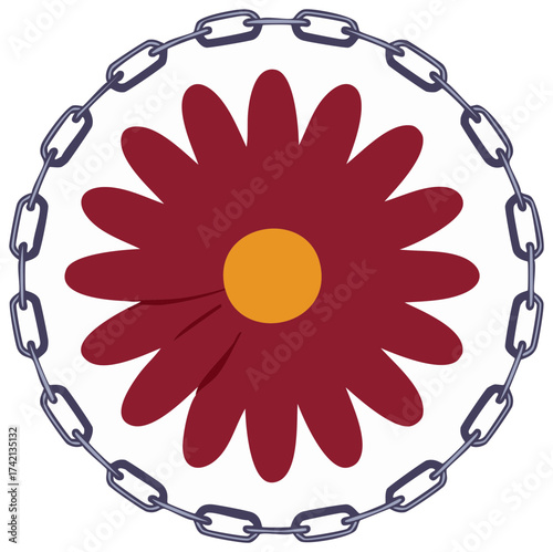 Red daisy flower encased by a metal chain border symbolizing protection or confinement