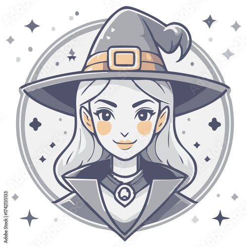 Cartoon portrait of a witch in a pointed hat surrounded by stars
