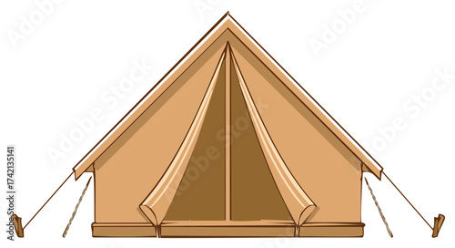 Illustration of Beige Camping Tent with Open Flaps, Pegs and Ropes, Minimalist Aesthetic
