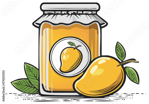 Illustration of homemade mango jam in a glass jar with fresh mango fruit and leaves