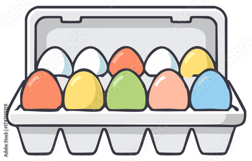Assorted colored eggs in a carton with a clean illustration style