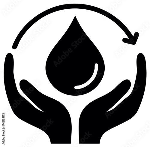 Hands cradling water drop with circular arrow symbolizing conservation and sustainability