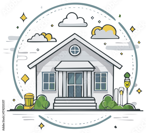Stylized Cottage Home with Clouds and Stars in Circular Frame Graphic