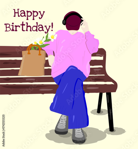 A girl in a pink sweater, blue sneakers, and a burgundy cap is sitting on a brown bench. There is a paper bag whit flowers next to her.