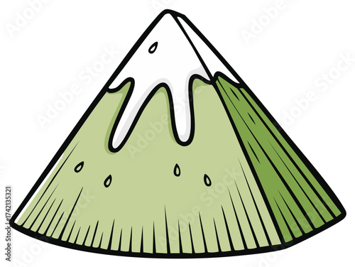 Cartoon illustration of a mountain with melting snow in green tones