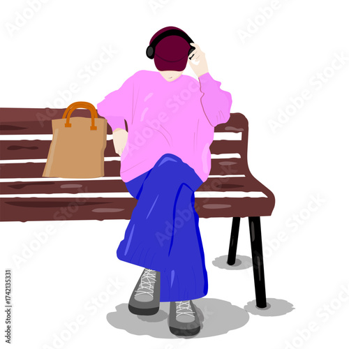 A girl in a pink sweater, blue sneakers, and a burgundy cap is sitting on a brown bench. There is a paper bag next to her.