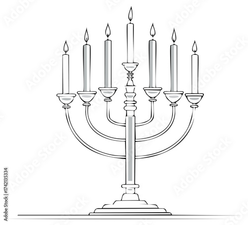 Seven branched menorah with lit candles in a simple line art style