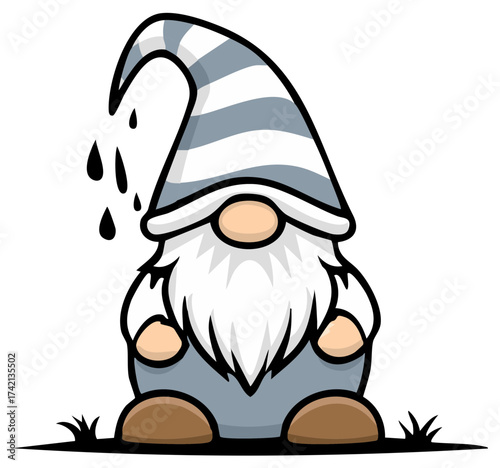 Striped Hat Gnome Cartoon with Raindrops, Whimsical Illustration, White Beard