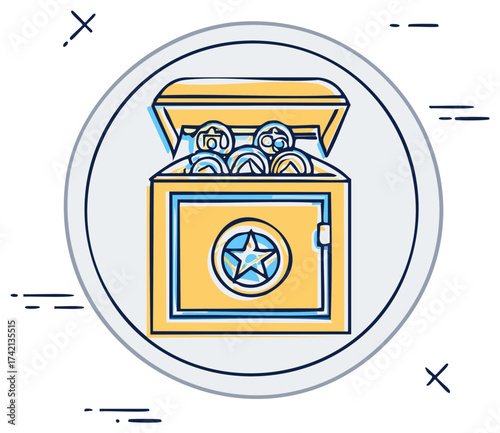 Open treasure chest with gold coins and a star emblem in a circle design
