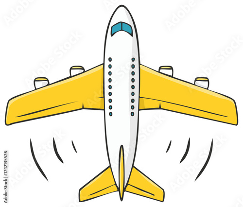 Cartoon airplane with yellow wings in flight illustration