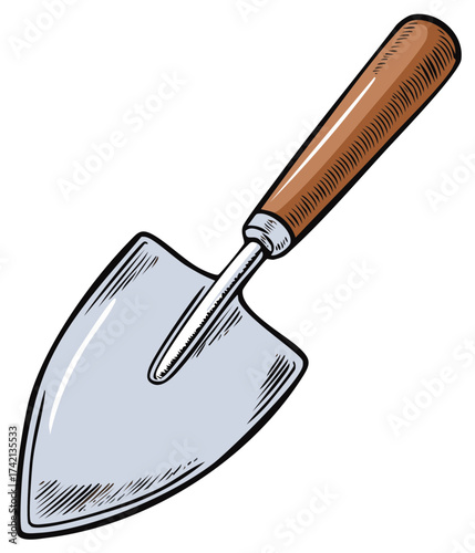 Hand Trowel Garden Tool with Wooden Handle, Sketch Style Gardening Equipment Illustration