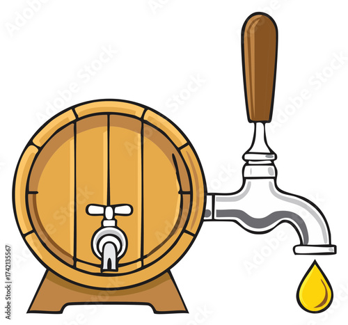 Cartoon of a wooden barrel with faucet handle and dripping liquid, rustic containers for aging beverages