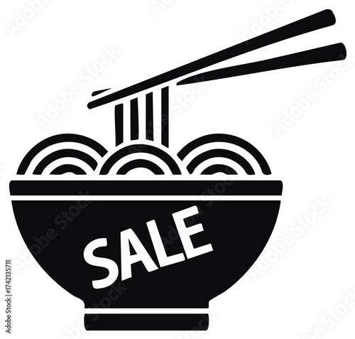 Noodle bowl with chopsticks and sale text icon representing Asian food discount promotion