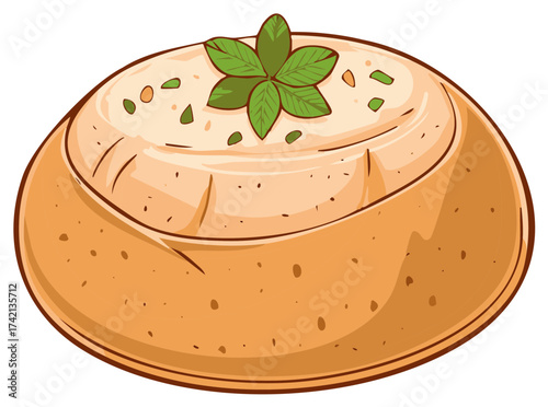 Cartoon illustration of savory dish with fresh herbs and seasoning