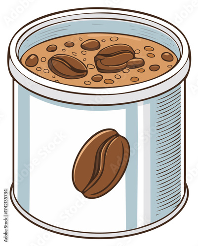 Cartoon illustration of an open tin of instant coffee with roasted beans