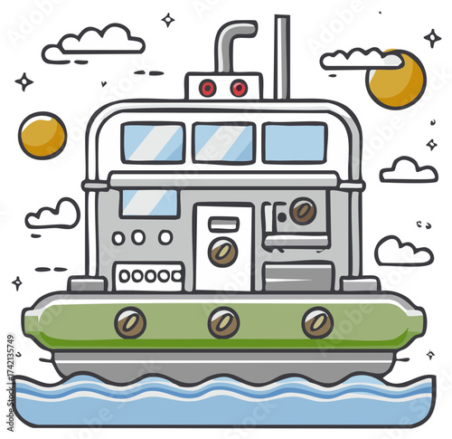 Cartoon tugboat sailing on wavy water under cloudy sky with sun and stars