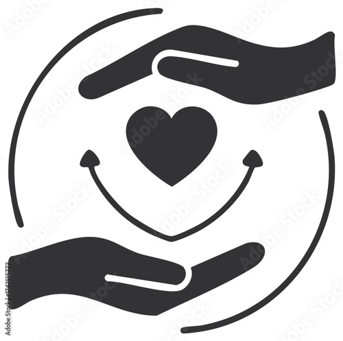 Hands protecting a heart with a smile arrow symbolizing care, love, and support