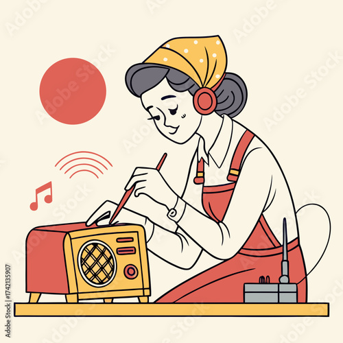 Woman repairing vintage radio with antenna and musical notes