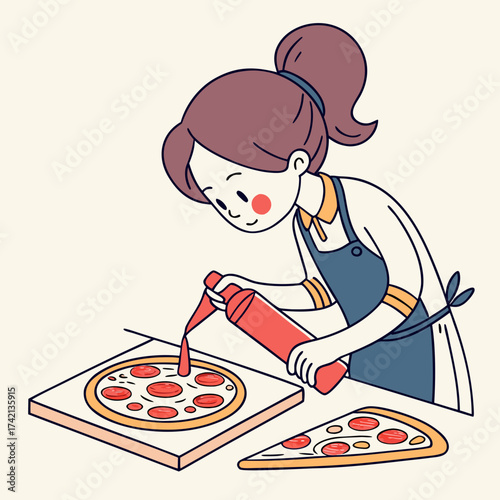 Woman preparing a pizza with tomato sauce