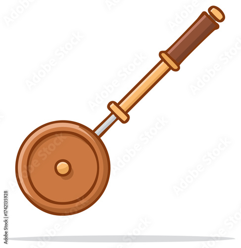 Illustration of an antique ice fishing rod with a brown handle and round reel.