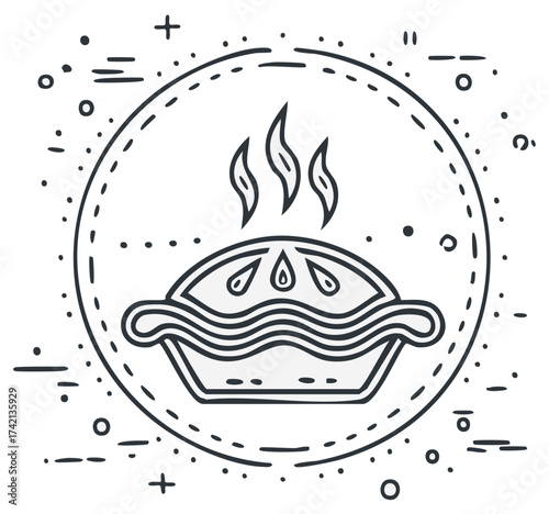 Delicious hot pie with steam emanating from its crust, presented in a circular outline with abstract decorative elements.