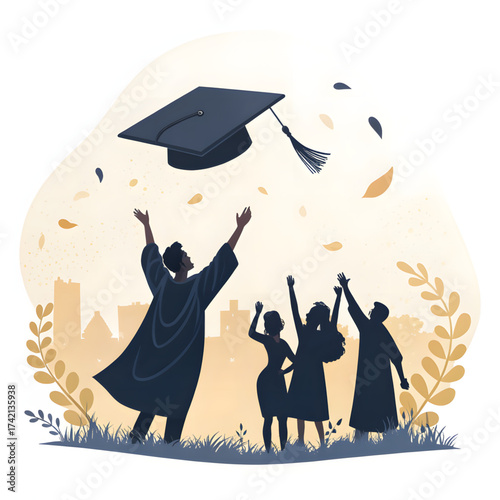 Celebrating the Culmination: Graduates in silhouette joyously cast their caps skyward amidst a serene background. A visual ode to academic success.