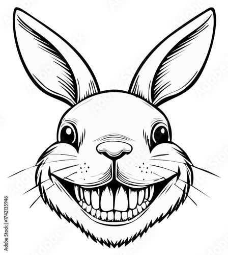Whimsical rabbit face with a wide toothy grin and large ears, black and white illustration