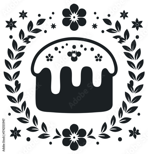 Traditional festive Easter cake illustration with decorative floral wreath and spring flowers