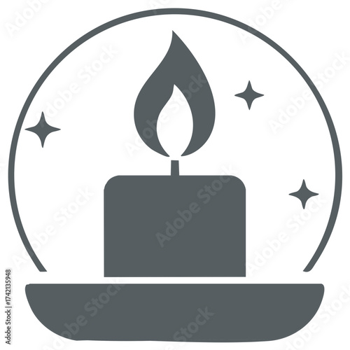 Glowing candle with flame in circle surrounded by stars icon for cozy holiday atmosphere