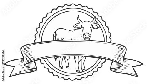 Vintage cow emblem with blank ribbon banner line art for a farm or butcher logo