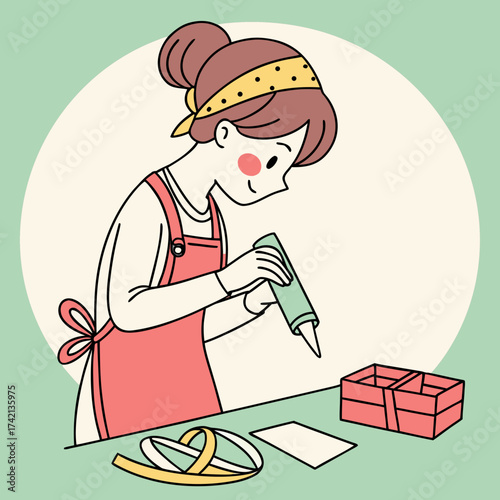 Woman using glue for arts and crafts on a table