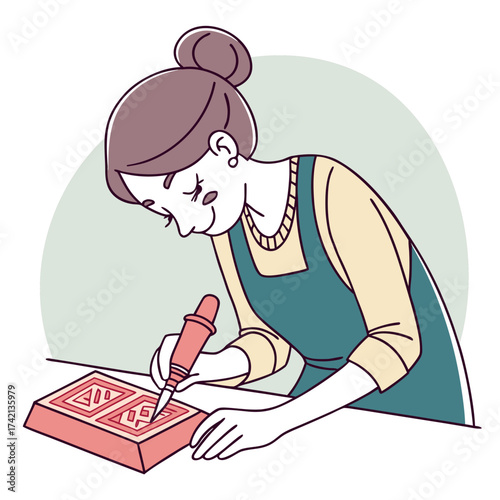 Woman with bun and apron crafting something with tool