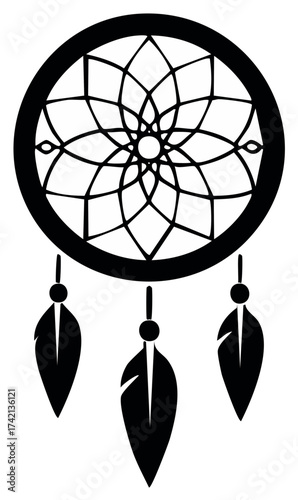 Black Dreamcatcher Vector Illustration, Native American Design with Feathers, Dream Catcher