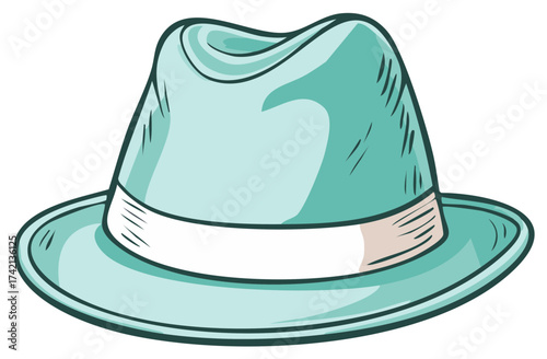 Light Blue Fedora Hat with White Band Cartoon Illustration Style for Fashion Accessories Concept