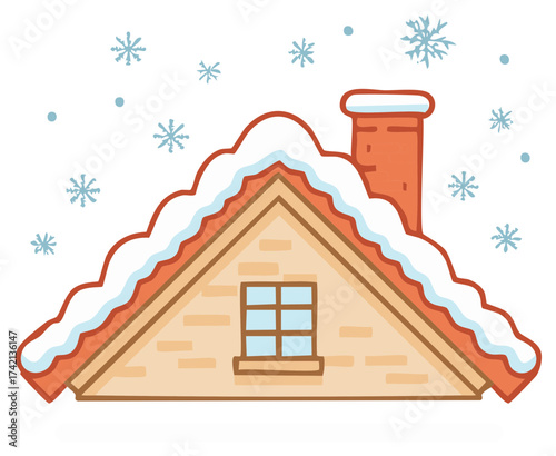 Winter house cartoon illustration with snow on the roof and snowflakes falling down
