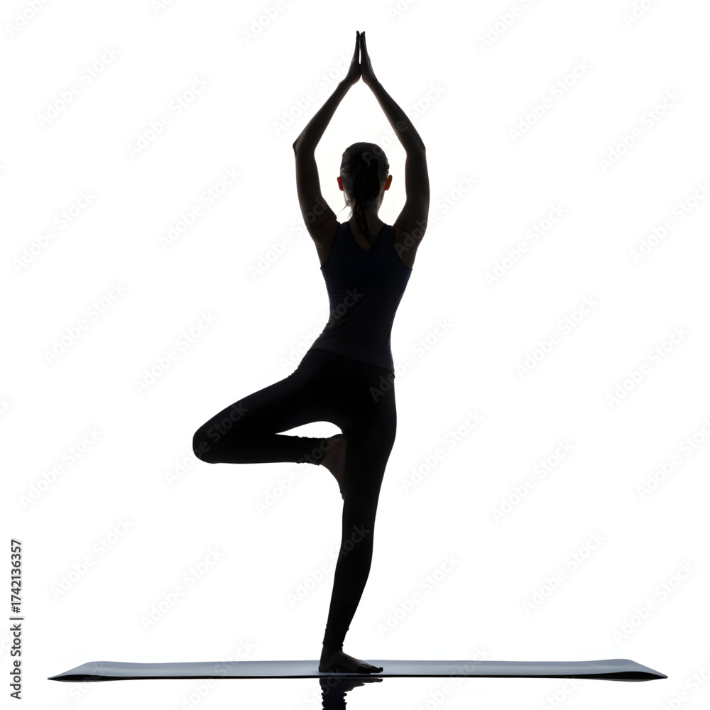 Fototapeta premium Serene Yoga Silhouette: A lone figure gracefully performs the Tree Pose, embodying inner peace, balance, and mindful practice. Witness the elegance of the form against the backdrop of tranquility.